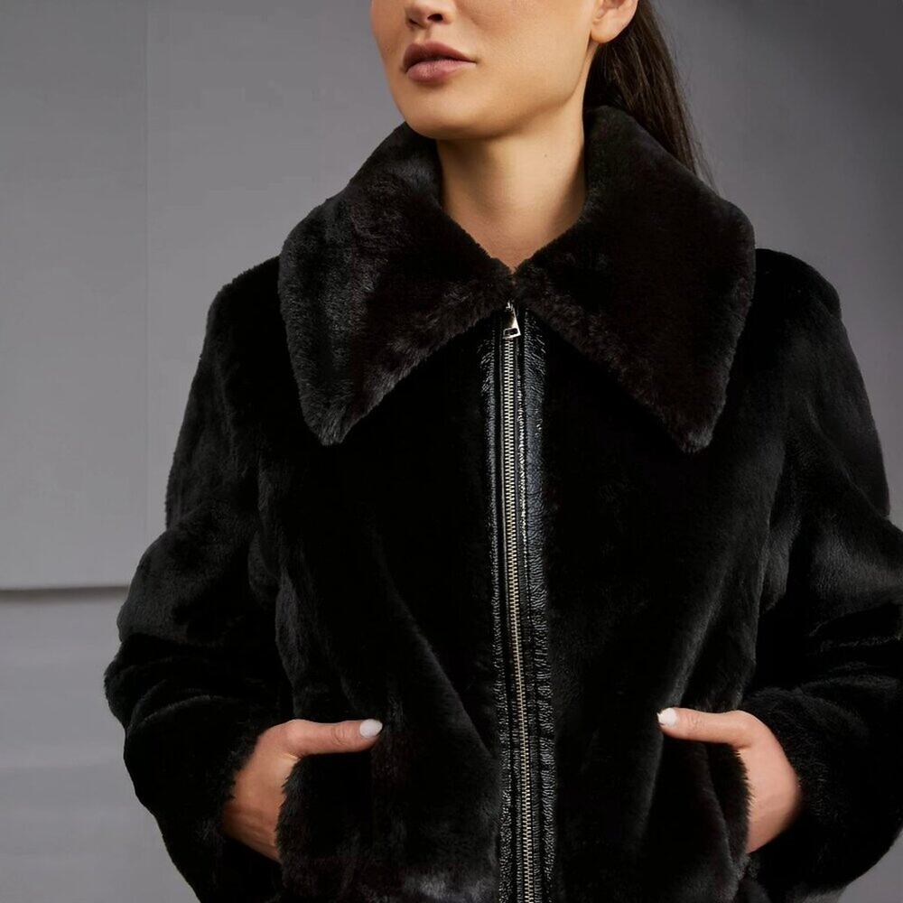 Maeve Anthropologie Super Soft Faux Fur Petite Jacket Black Trim Designer NWOT